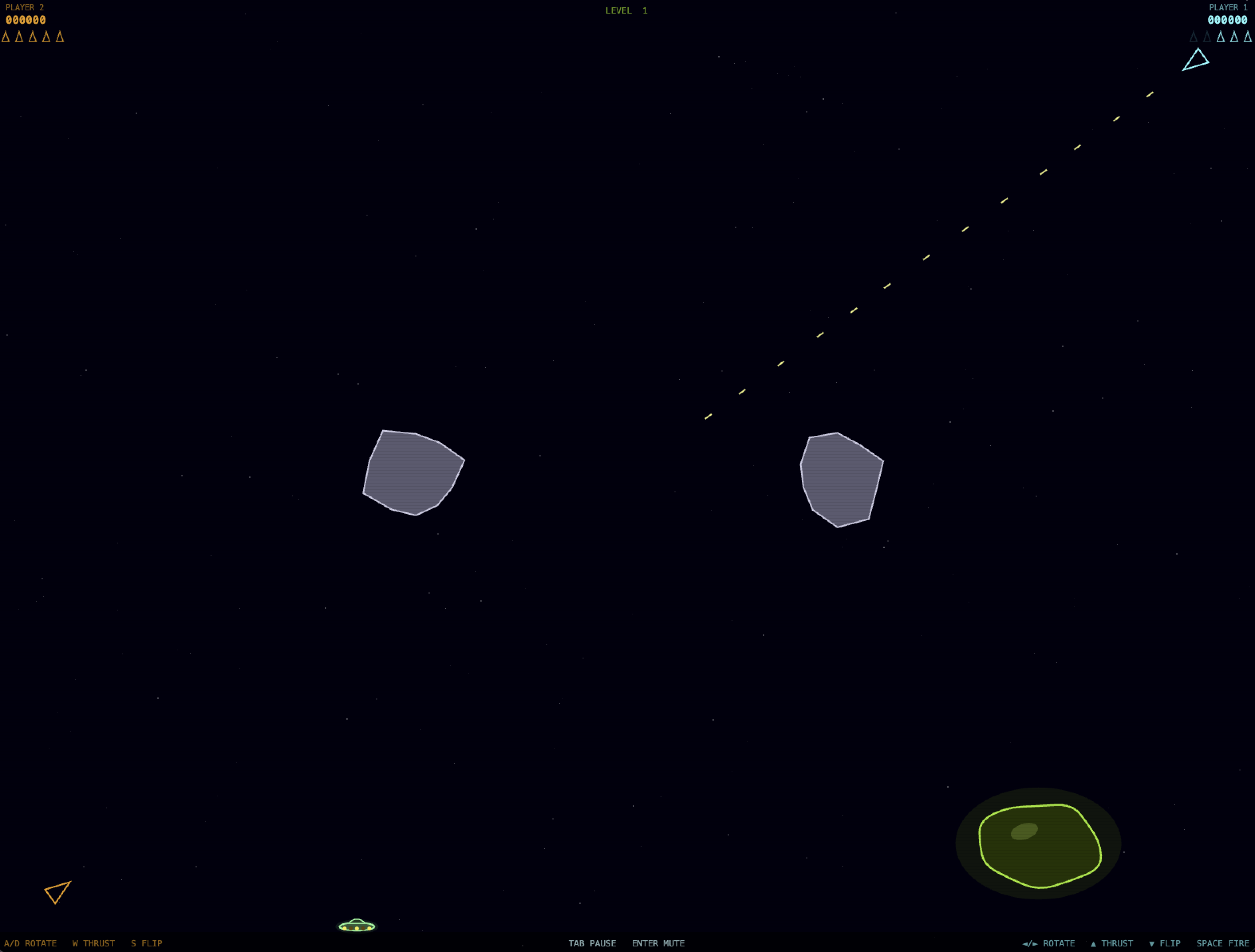 Cosmic Blob gameplay — two players, rocks, UFO, and bullets mid-flight